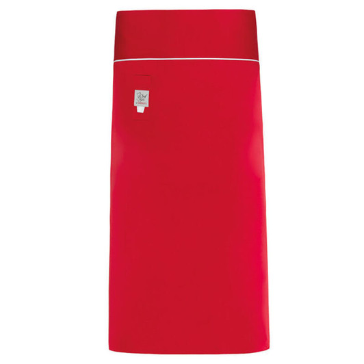 A red apron featuring a branded logo at the top. The design is sleek and modern with a contrasting waistband.