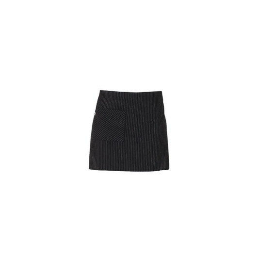 A black pinstriped apron featuring a large pocket and a logo. Suitable for culinary or service use.