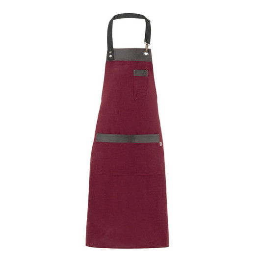 A maroon apron with a black strap and pockets, featuring a logo on one side.