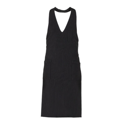 A black stripy apron featuring a deep V-neck and two front pockets. It has a simple yet stylish design.