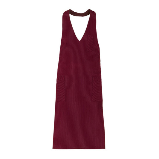 A burgundy apron with a V-neck design and two front pockets, featuring a subtle striped pattern.