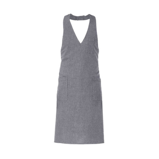 A grey apron with a V-neck design and two front pockets, featuring a logo.