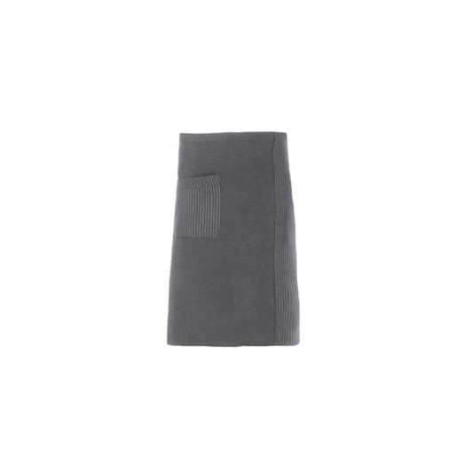 A grey apron with a textured side panel and a pocket on the front. It has a simple, elegant design.