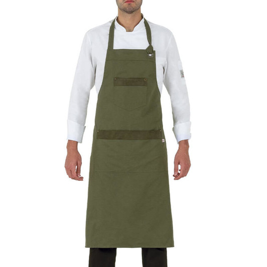 An olive green apron featuring a front pocket, worn by a model in a white shirt. The apron has a logo.