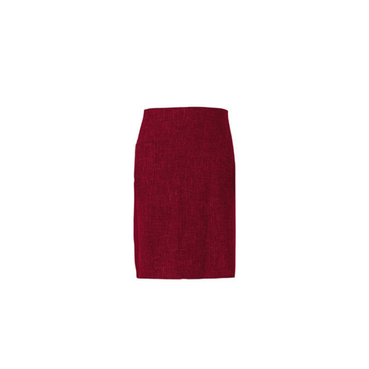 A red apron with a textured fabric design, featuring a simple, straight shape and no visible pattern.