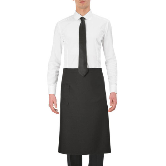 A black apron worn by a person in a white shirt and tie, featuring a side pocket and branding.