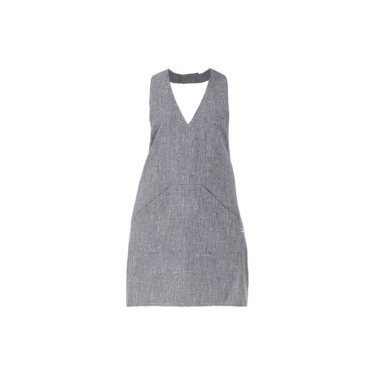 A grey apron featuring a V-neck design with a large front pocket and a side slit. It has a logo on the hem.
