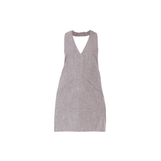 A grey apron with a V-neck design and a front pocket, featuring a small logo.