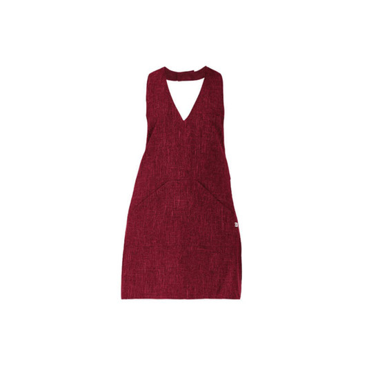 A maroon apron made from textured fabric with a deep V-neck and a front pocket, featuring a logo.