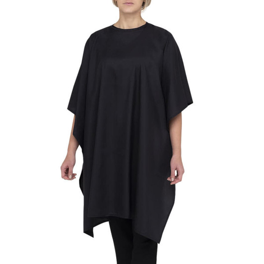 A black cape-style garment with a loose fit, featuring wide sleeves and a simple design.