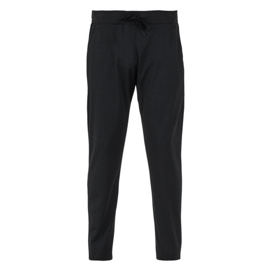 A pair of black pants with a drawstring waistband and tapered legs, featuring a logo.