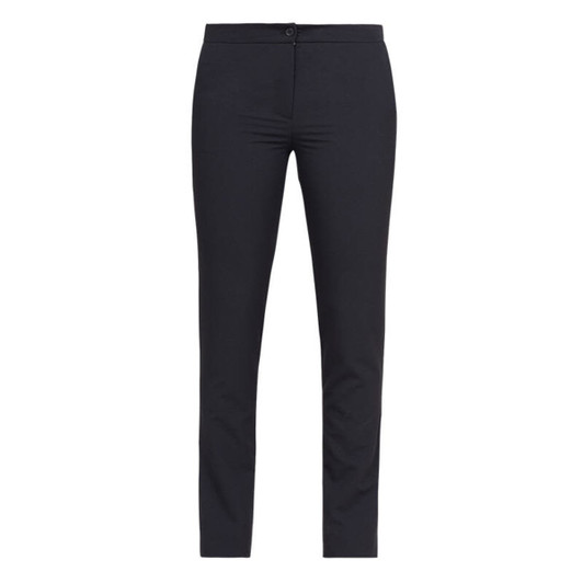 A pair of black pants with a fitted style, featuring a front button closure and a smooth finish.