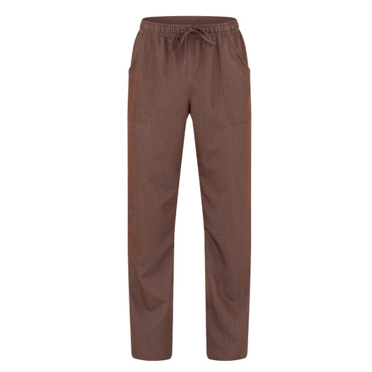 Brown pants with an elastic waistband and pockets, featuring a relaxed fit. The item has a logo on it.