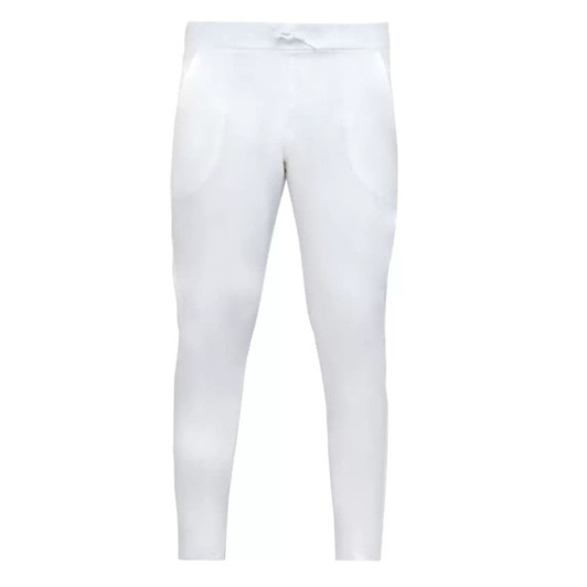 White pants featuring a slim fit and two side pockets, with a waistband drawstring and minimal branding.