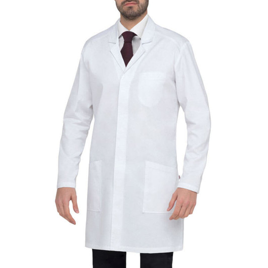 A white lab coat with long sleeves, a collar, and pockets, worn by a model. It features a logo on the fabric.