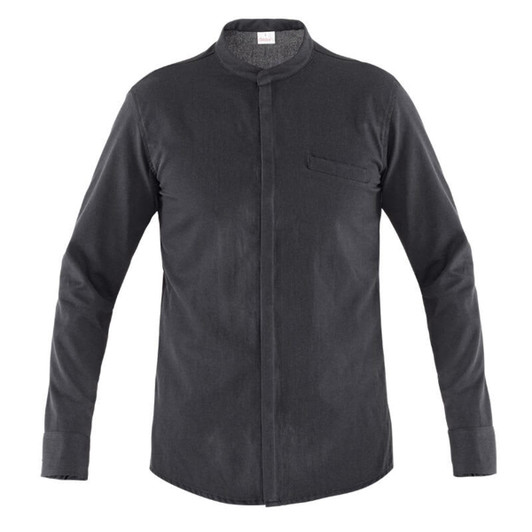 A black long-sleeved shirt with a mandarin collar and a single chest pocket. The shirt has a subtle texture.
