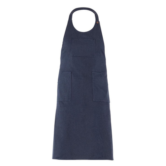 A navy blue apron featuring two front pockets and a neck strap, with a logo on it.