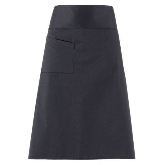 A dark grey apron featuring a single pocket and a smooth waistband, suitable for culinary activities.