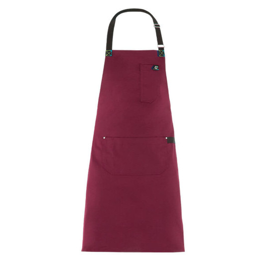 A maroon jersey apron featuring a pocket and a logo on the front. It has adjustable straps at the top.