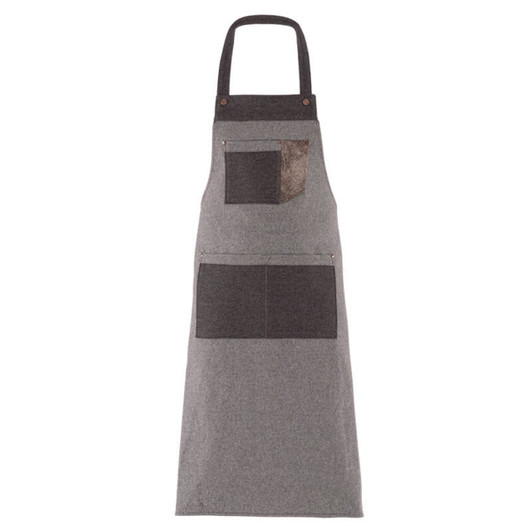 A grey apron featuring a textured fabric, a front pocket, and a branding logo.