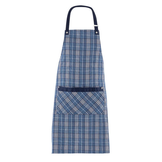 A navy and blue checked apron with a pocket, featuring a branding logo.
