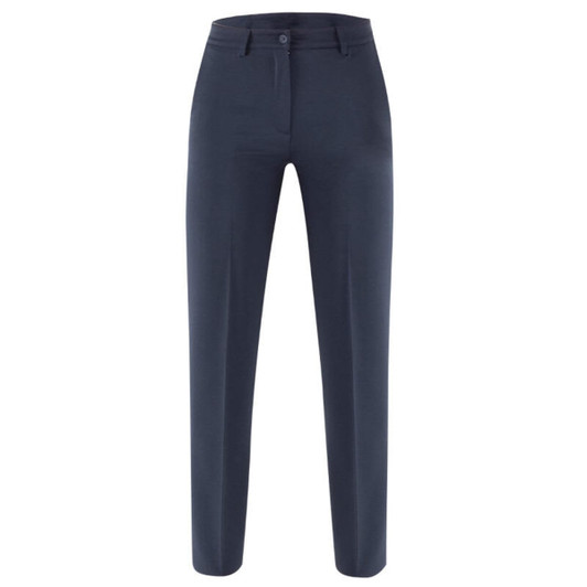 Navy blue Giorgia Pants with a straight leg design and a buttoned waistband. The image includes a logo.
