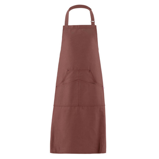 A brown apron featuring a front pocket and an adjustable neck strap, with a logo on the fabric.