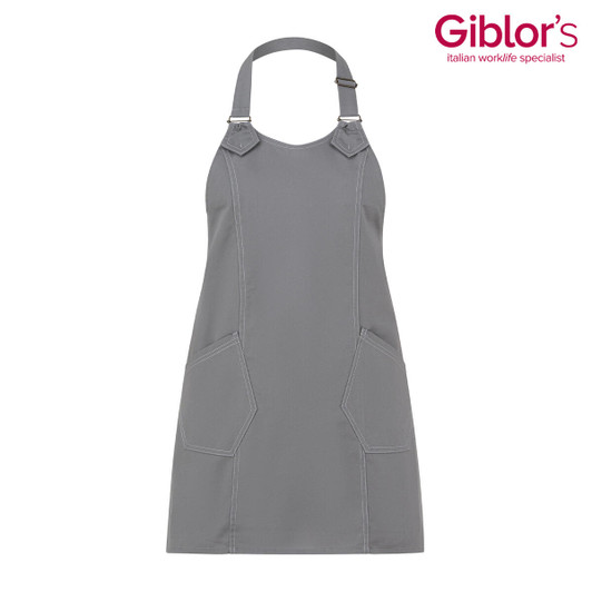 A grey apron with two front pockets and adjustable straps, featuring a logo at the top.