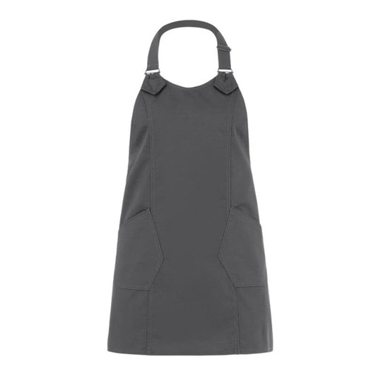 A grey apron with a high neck and two front pockets, featuring adjustable straps and a branding logo.
