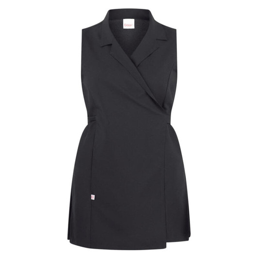 A black Allegra Pinafore Dress featuring a wrap design and a collared neckline. It has a small logo detail.