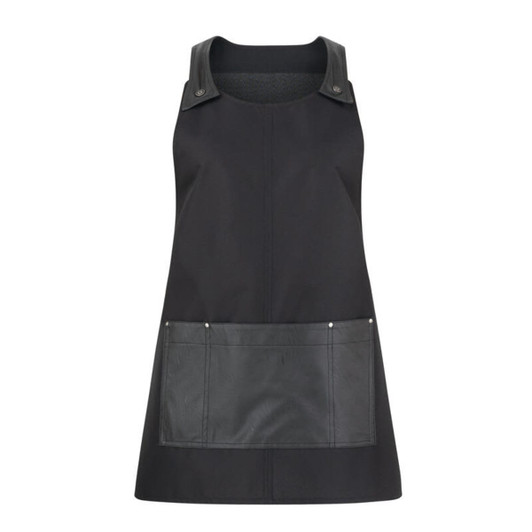 A black apron with leather straps and a front pocket, featuring a sleek design and minimalist style.