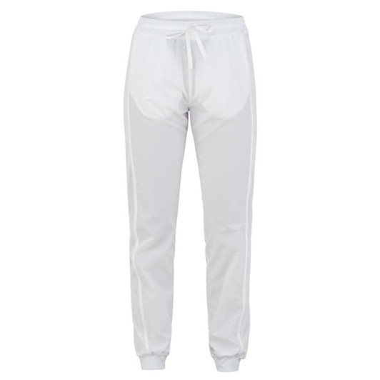 White pants with a drawstring waist and cuffs, featuring side mesh panels and a logo.