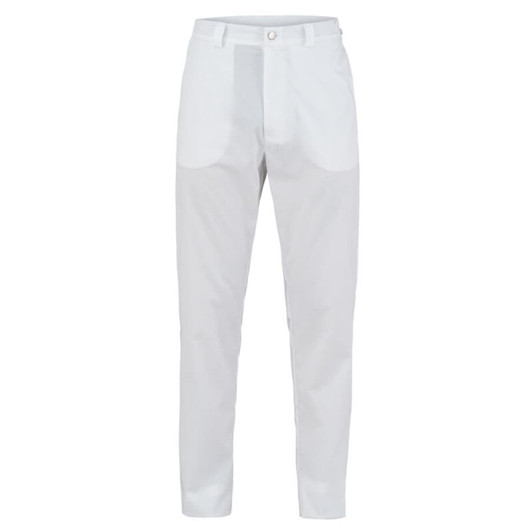 A pair of white pants with a fitted design and pockets, featuring a logo on the waistband.