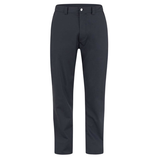 A pair of dark blue trousers with a straight leg design and a front zip. The pants feature a logo on the waistband.