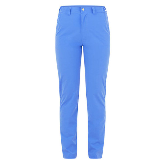Blue lightweight trousers with a button and zip closure, featuring a logo on the waistband.