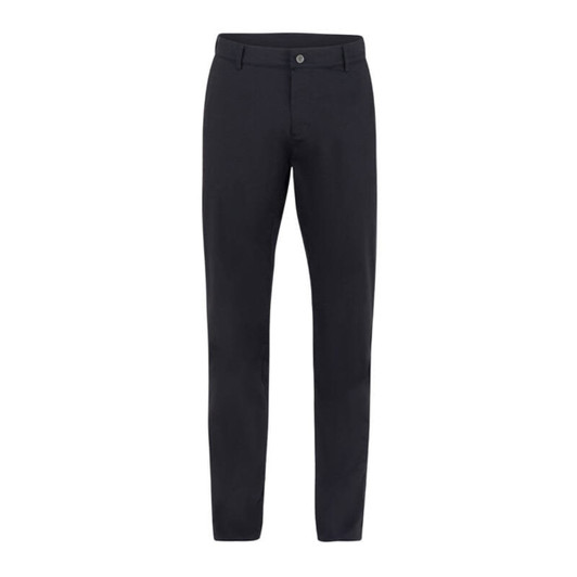 A pair of navy blue trousers with a slim fit and a button closure, featuring a logo on the waistband.