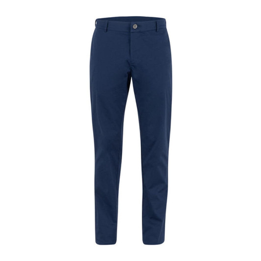 Navy blue pants with a fitted design, featuring a button and zip fly closure and a branded logo.