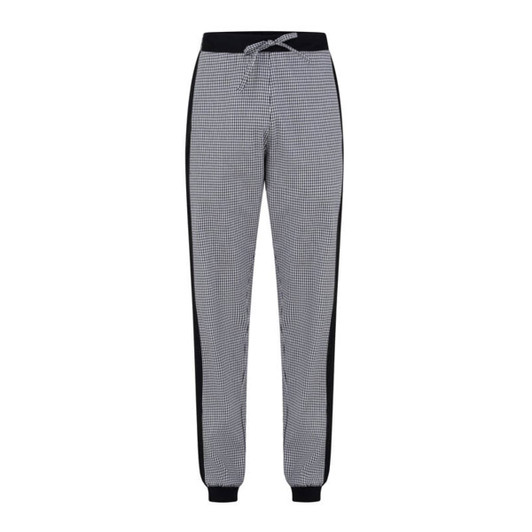Black and white checked pants with a drawstring waist and contrasting side panels. Features a logo on the waistband.