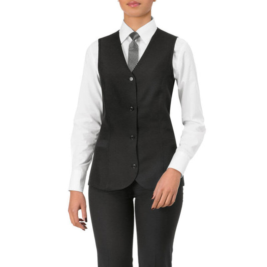 A black vest worn over a white shirt, paired with a tie, displayed on a model. The vest features buttons and a tailored fit.