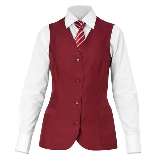 A maroon vest with a fitted design, paired with a white shirt and a red-striped tie. The vest features buttons and pockets.