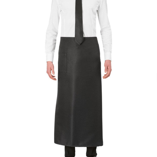A black brasserie apron worn by a person dressed in a white shirt and black tie, with a pocket visible.
