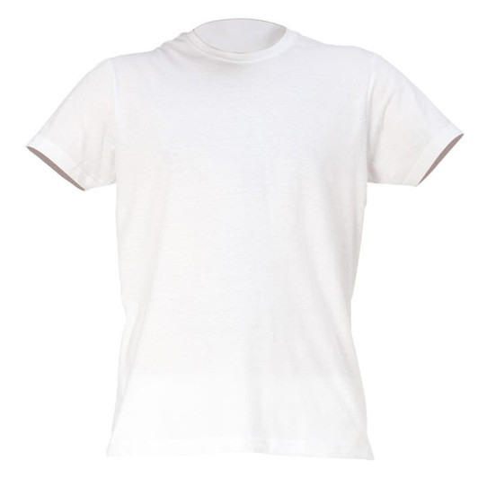 A white t-shirt with contrasting coloured cuffs. The shirt has a round neckline and short sleeves.