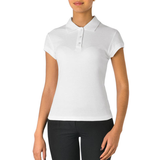 A fitted white polo shirt with a collar and short sleeves, featuring buttons and no visible branding.