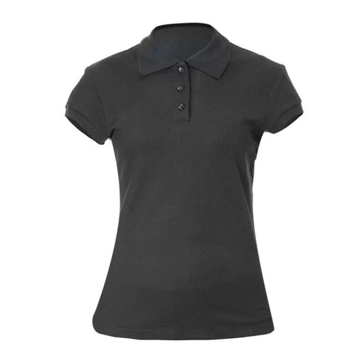 A black polo shirt with a collar and short sleeves, featuring three buttons and a fitted design.