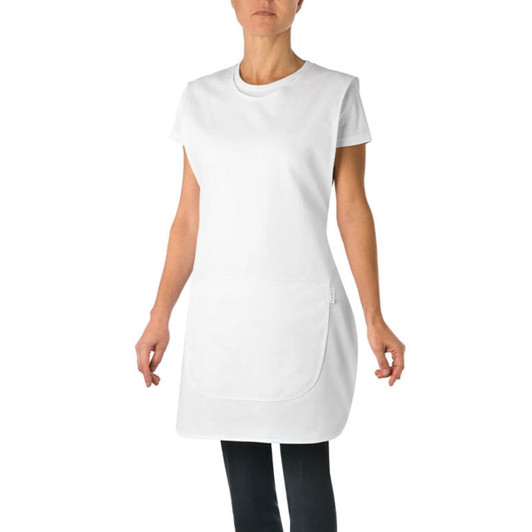 A white apron or pinafore with a large front pocket, designed for durability and style.