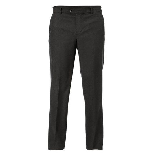 A pair of black pants featuring a sleek design and pockets. The pants have a button closure and a branded logo.
