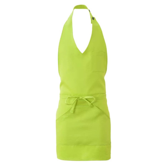 A bright lime green apron with a V-neck design, featuring a pocket and ties at the waist. It has a branding logo.