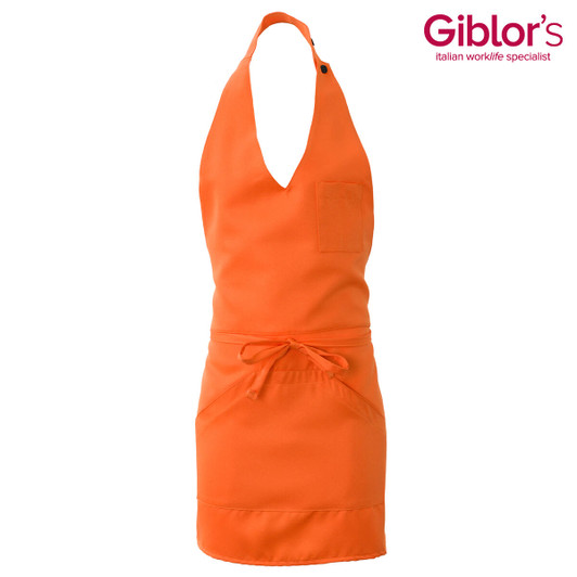 An orange apron with a pocket and ties at the waist, featuring a logo on the top right.