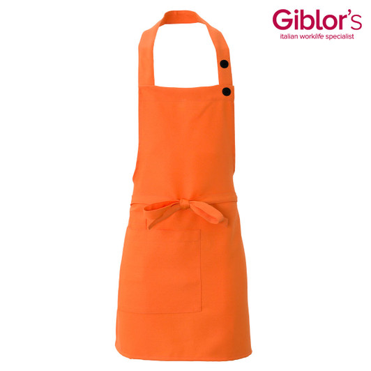 An orange apron with a neck strap, two buttons, and a front pocket. It features a logo in the top corner.