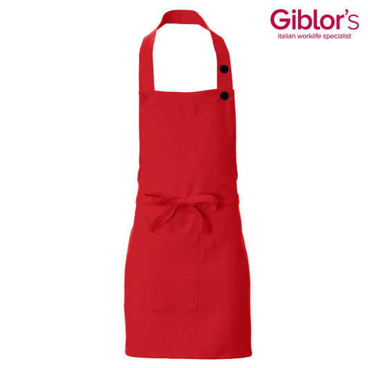 A red apron with a pocket and buttons, featuring a neck strap and waist ties. It includes a logo.